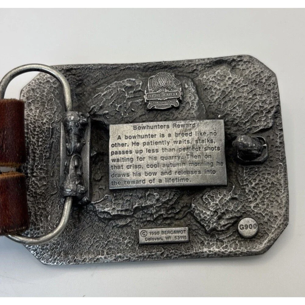 Vintage Bergamot‎ Bowhunter Reward Pewter Belt Buckle Leather Western Tooled USA
